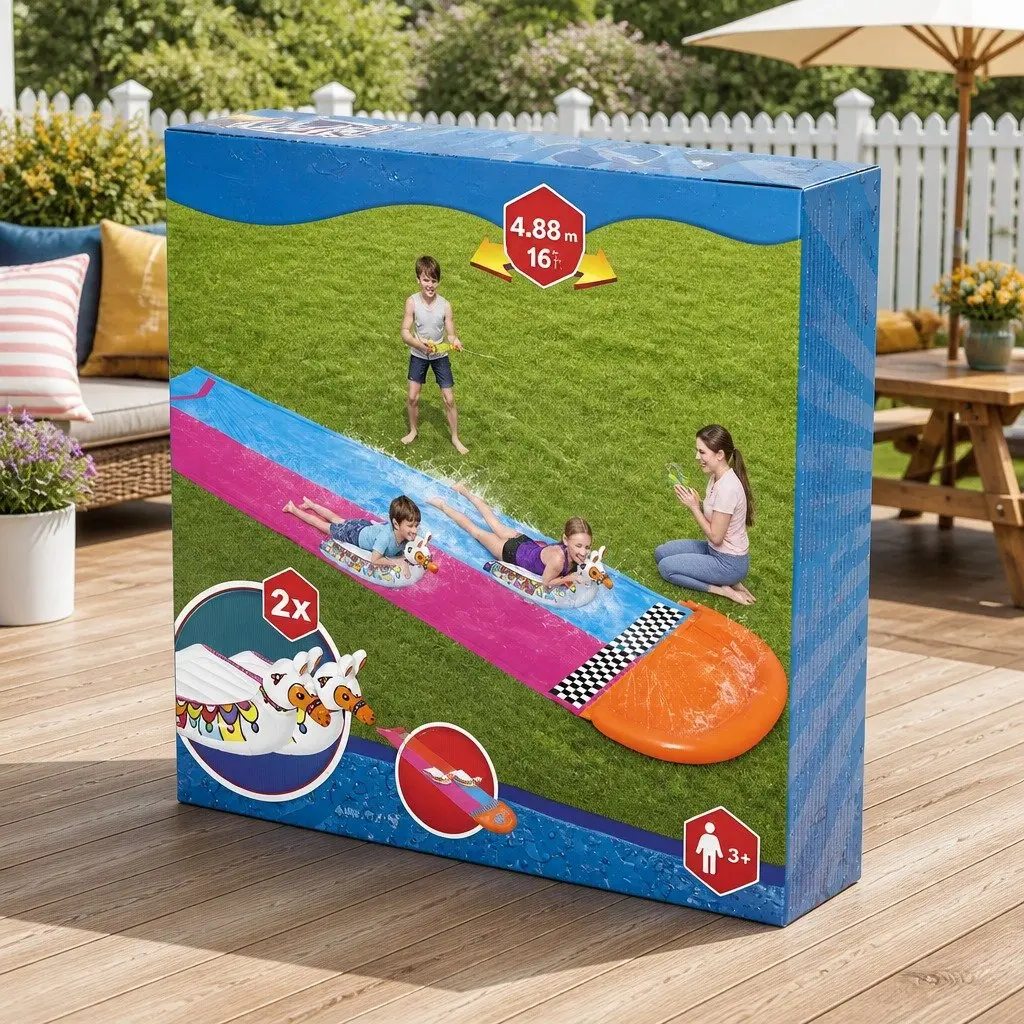 Inflatable Water Slide Double Lane Backyard Splash Pad 16ft