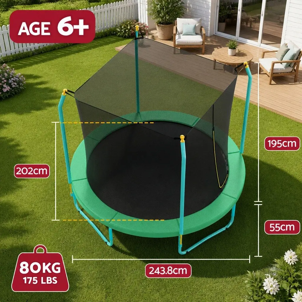 8ft Kids Trampoline Outdoor Safety Enclosure with Foam-Wrapped Poles and Cushioned Jumping Mat