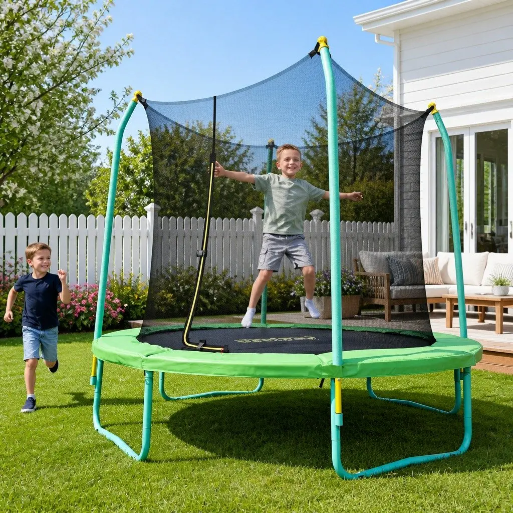 8ft Kids Trampoline Outdoor Safety Enclosure with Foam-Wrapped Poles and Cushioned Jumping Mat