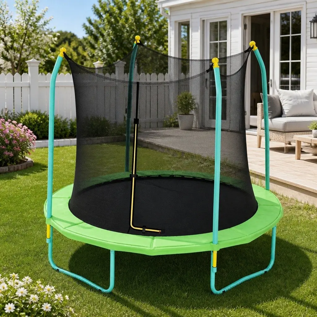 8ft Kids Trampoline Outdoor Safety Enclosure with Foam-Wrapped Poles and Cushioned Jumping Mat