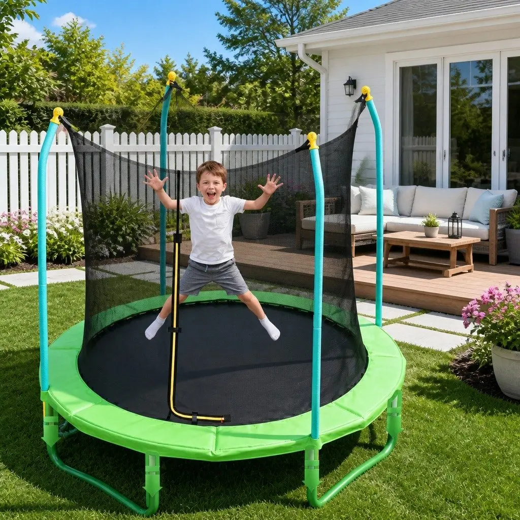 8ft Kids Trampoline Outdoor Safety Enclosure with Foam-Wrapped Poles and Cushioned Jumping Mat