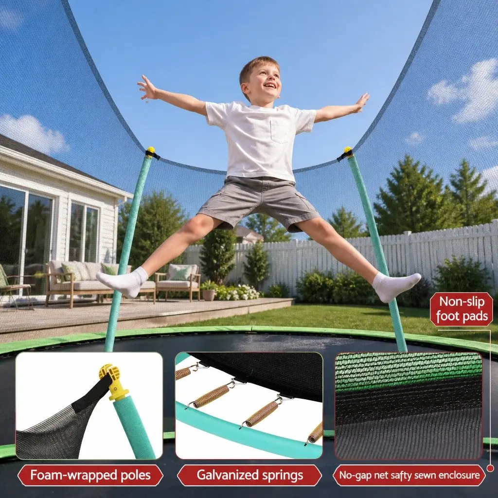 8ft Kids Trampoline Outdoor Safety Enclosure with Foam-Wrapped Poles and Cushioned Jumping Mat