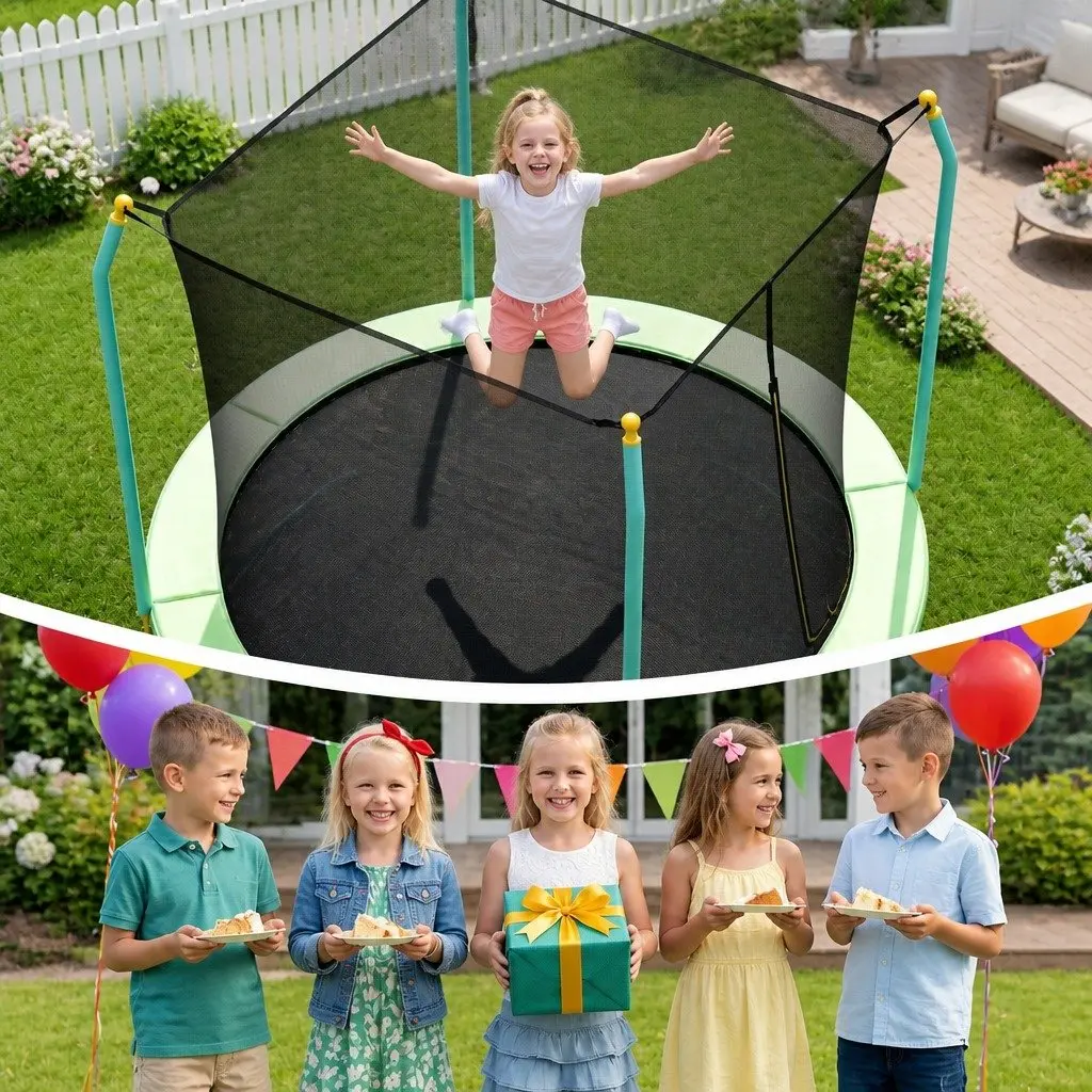 8ft Kids Trampoline Outdoor Safety Enclosure with Foam-Wrapped Poles and Cushioned Jumping Mat