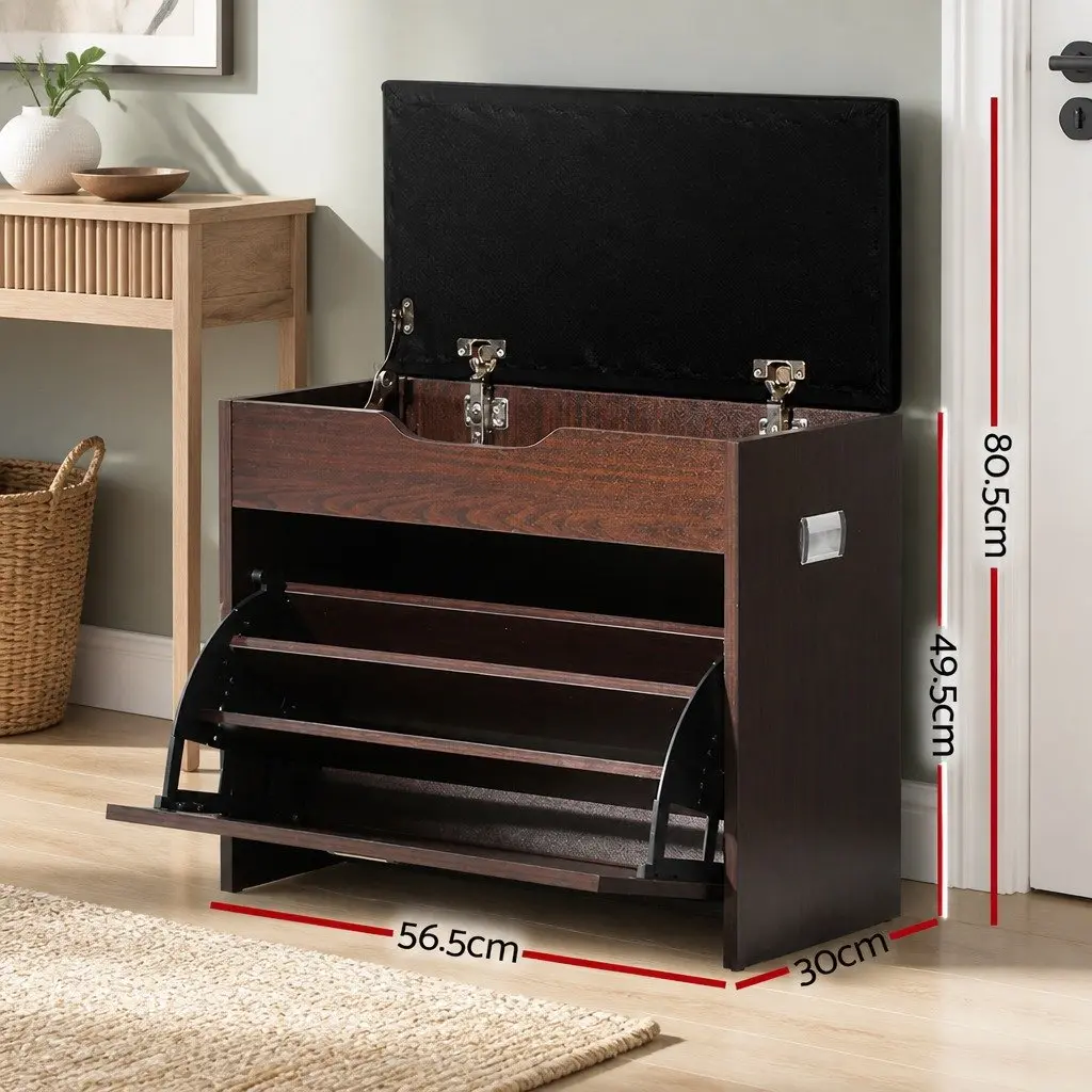 Shoe Storage Bench Cabinet 3-Tier Adjustable Shelves Walnut Hallway Organizer