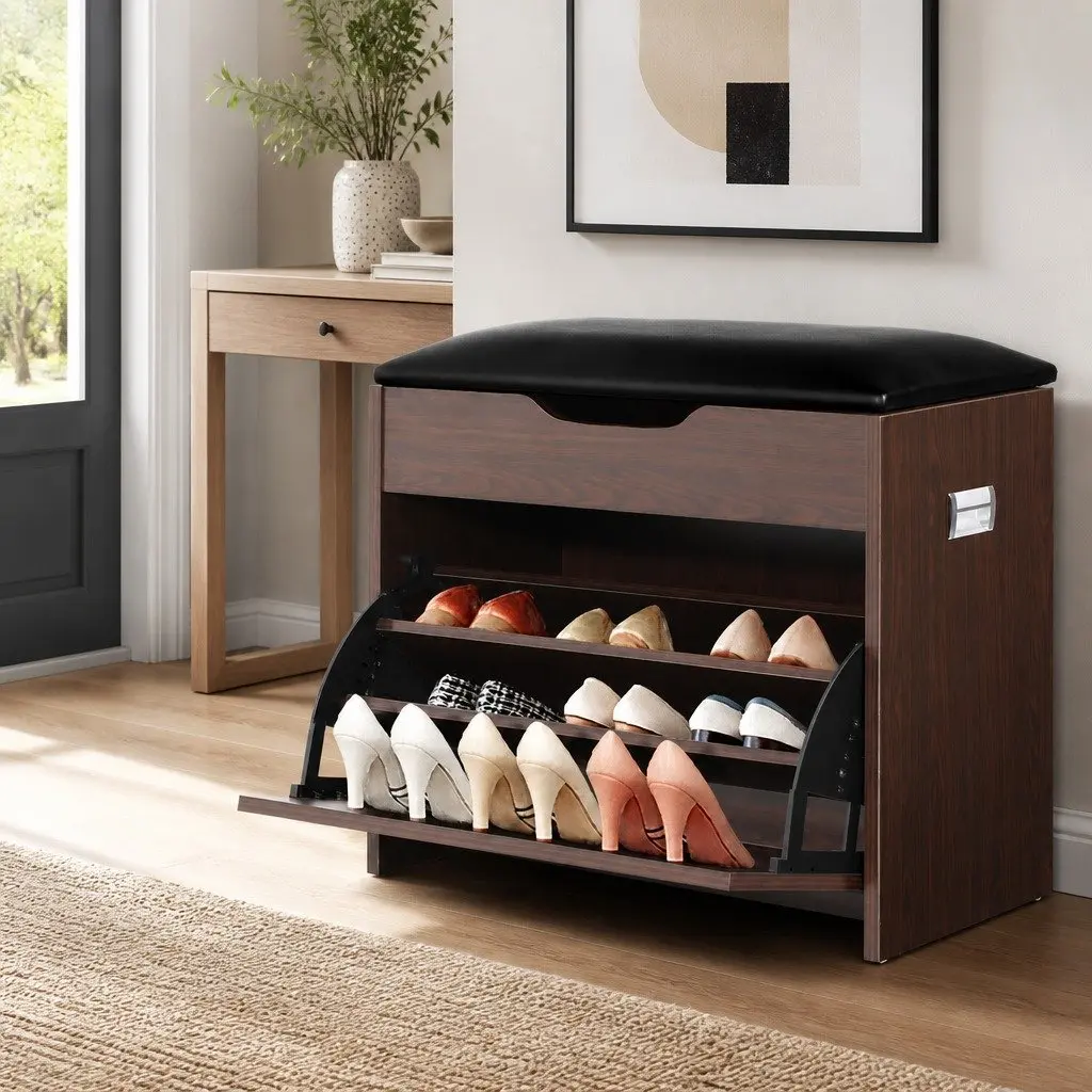 Shoe Storage Bench Cabinet 3-Tier Adjustable Shelves Walnut Hallway Organizer