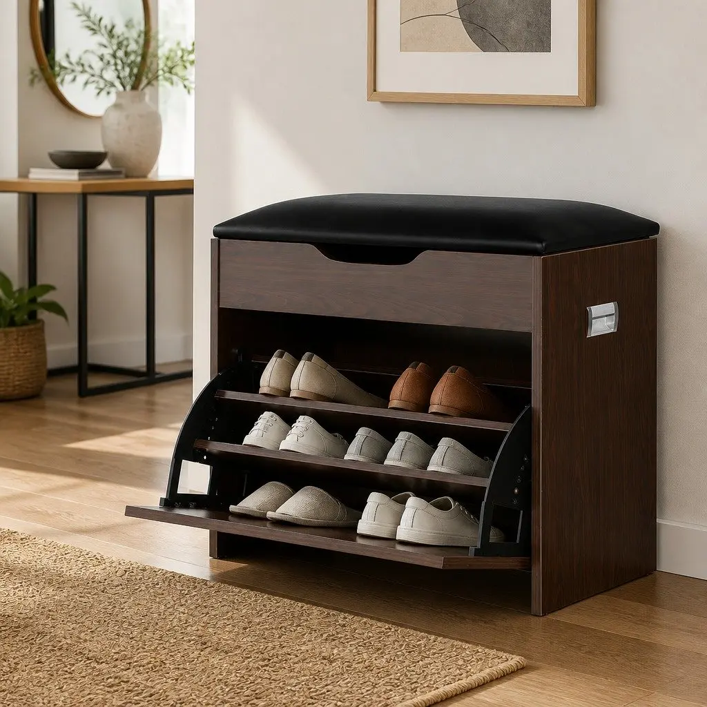 Shoe Storage Bench Cabinet 3-Tier Adjustable Shelves Walnut Hallway Organizer