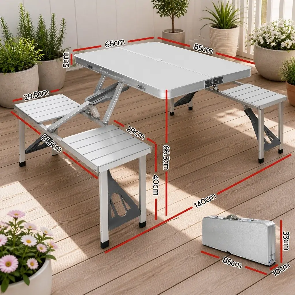 Folding Camping Table Set Portable Aluminium Outdoor Picnic BBQ Table with 2 Bench Chairs
