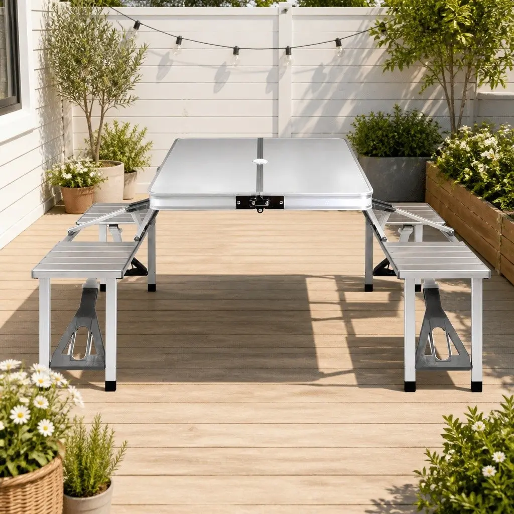 Folding Camping Table Set Portable Aluminium Outdoor Picnic BBQ Table with 2 Bench Chairs