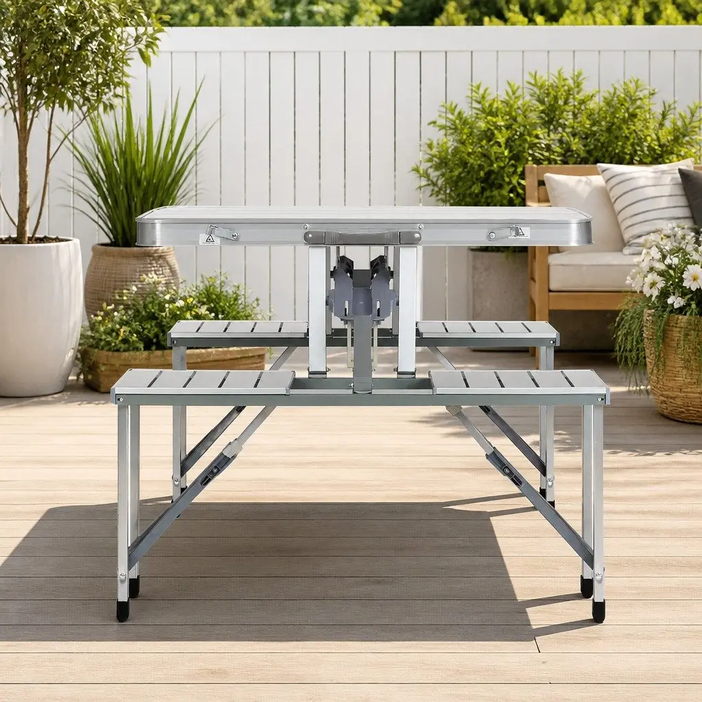 Folding Camping Table Set Portable Aluminium Outdoor Picnic BBQ Table with 2 Bench Chairs
