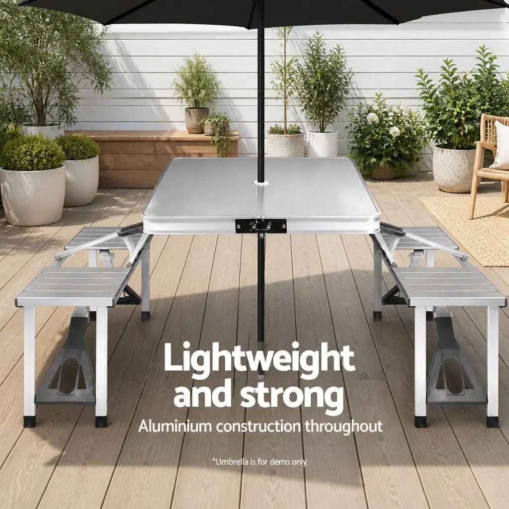 Folding Camping Table Set Portable Aluminium Outdoor Picnic BBQ Table with 2 Bench Chairs