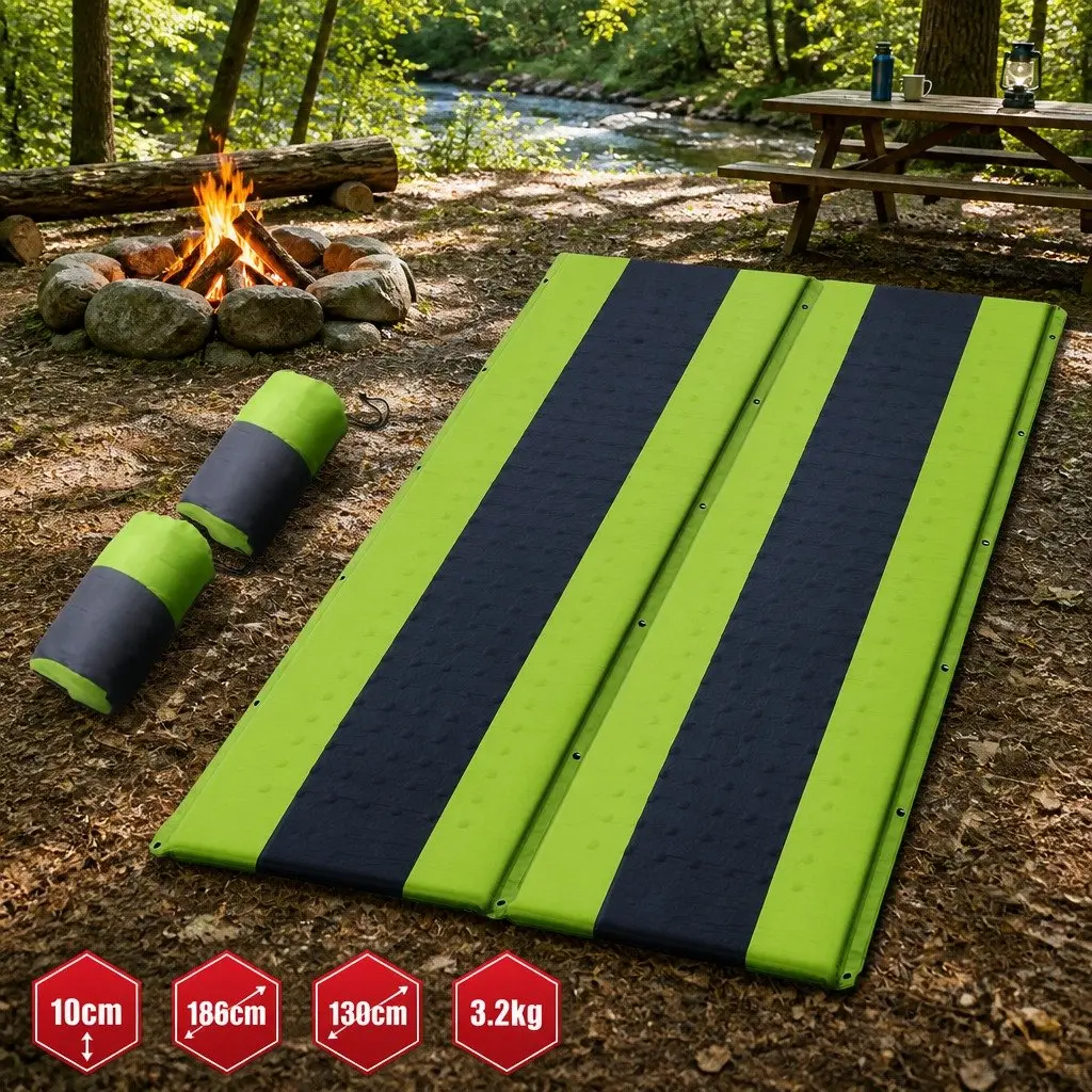 Double Camping Sleeping Mat Self Inflating Green 190cm with Thick Foam Core and Water Resistant Construction