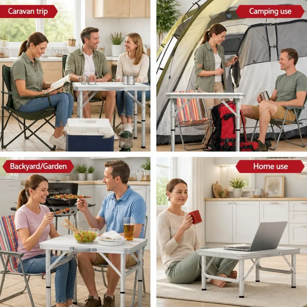 Folding Camping Table Adjustable Height 60CM Portable Outdoor Picnic Desk Silver
