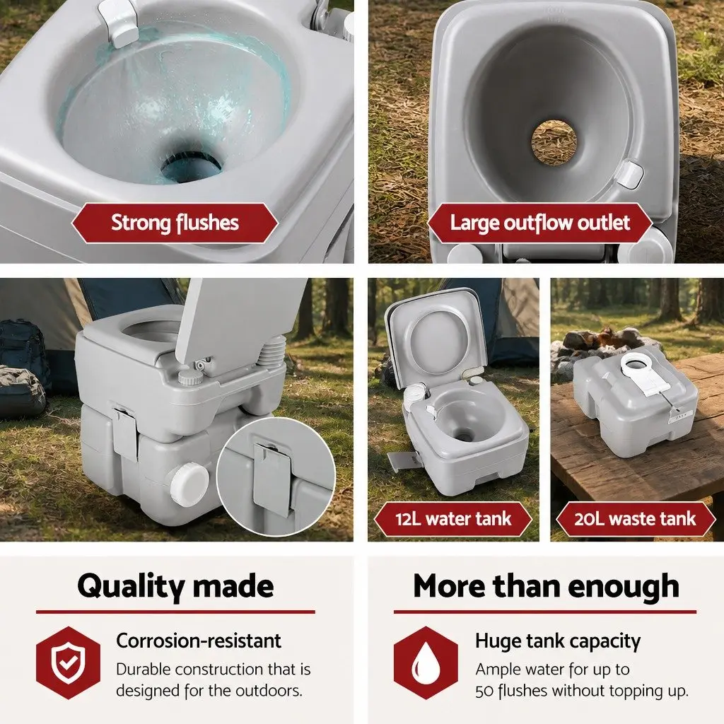 20L Portable Camping Toilet Grey Outdoor Flush Potty