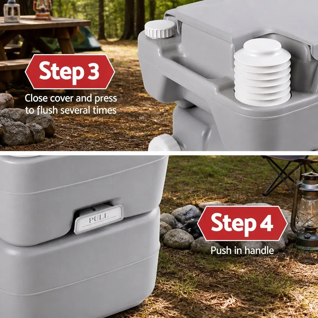 20L Portable Camping Toilet Grey Outdoor Flush Potty