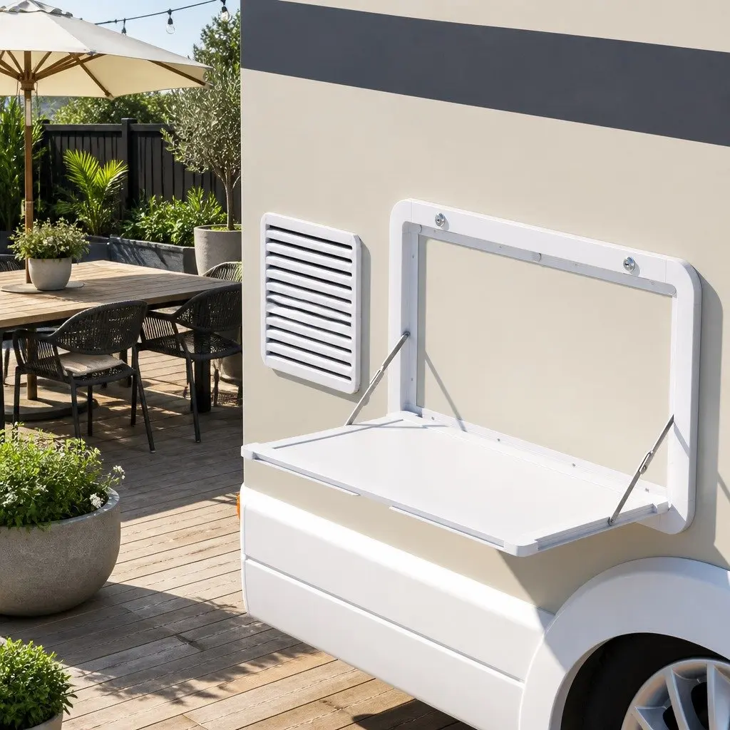 Folding Caravan Table 800 x 450mm Lockable White Space-Saving RV Camping
