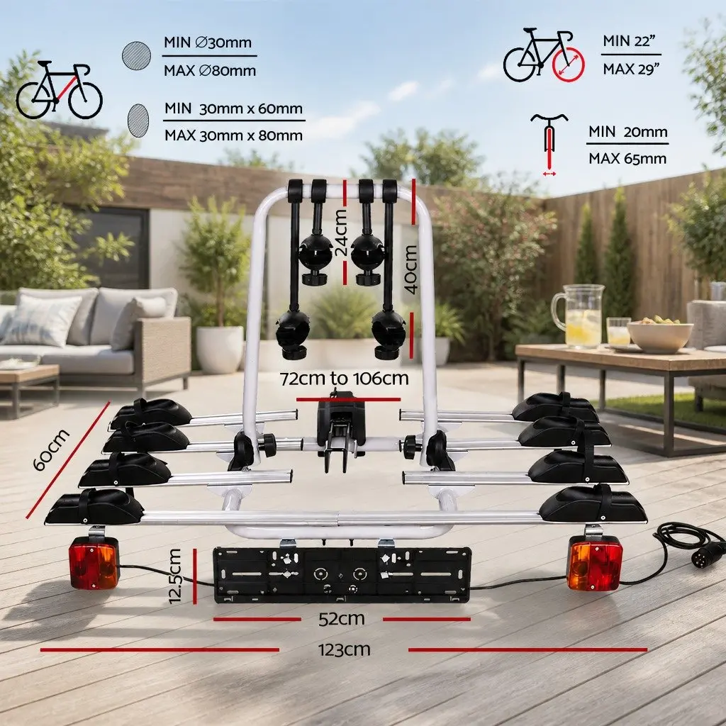 Bicycle Carrier Rack Towbar Hitch Mount 4 Bikes Adjustable Wheel Stoppers Black Silver
