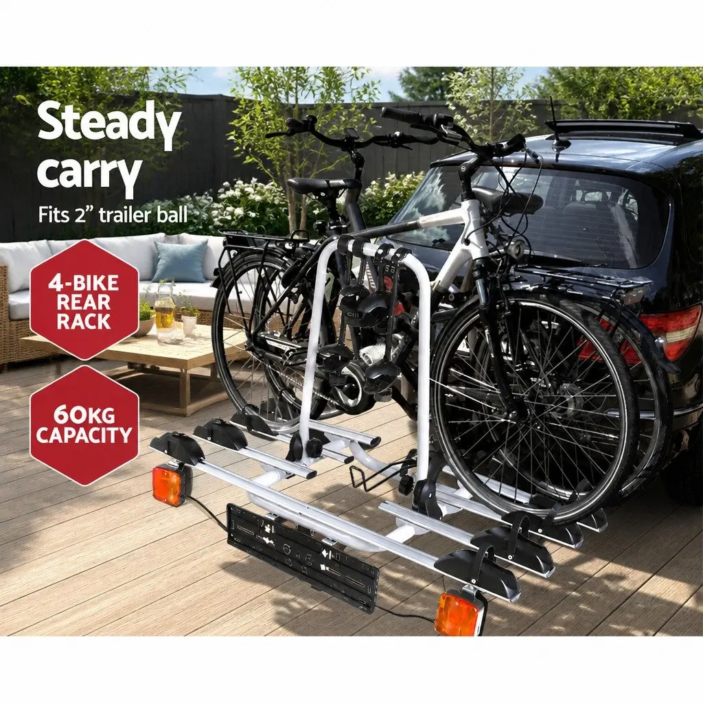 Bicycle Carrier Rack Towbar Hitch Mount 4 Bikes Adjustable Wheel Stoppers Black Silver