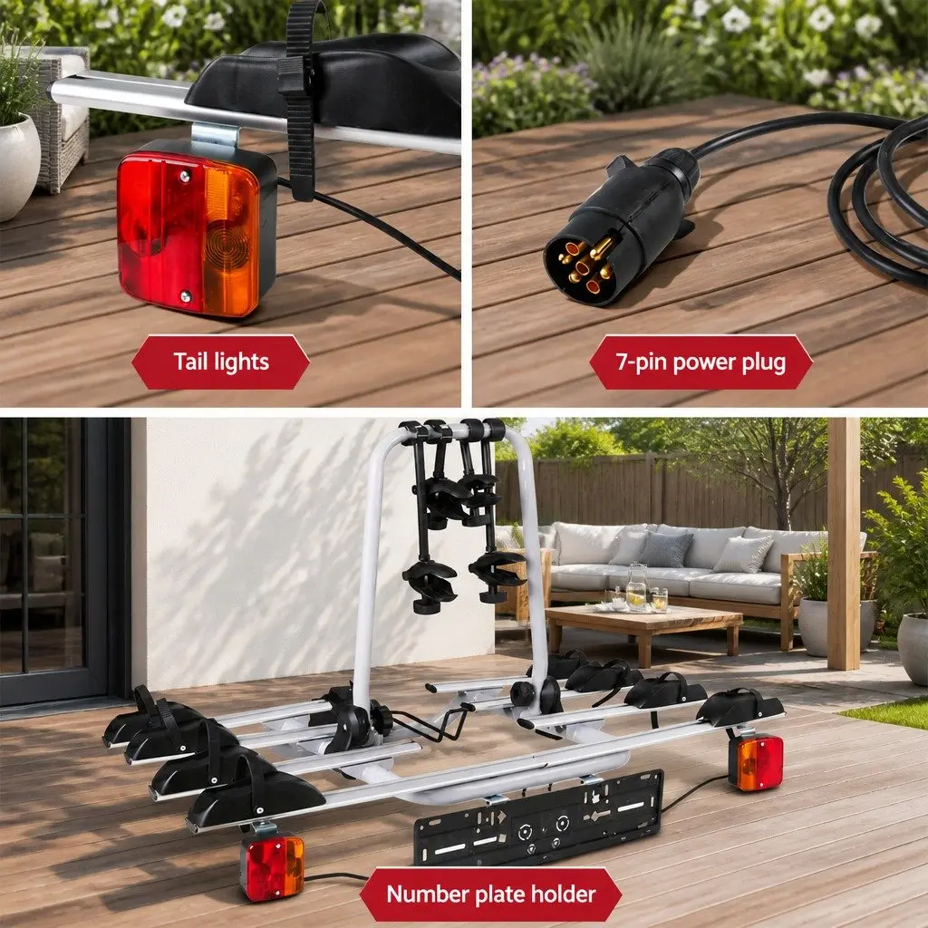 Bicycle Carrier Rack Towbar Hitch Mount 4 Bikes Adjustable Wheel Stoppers Black Silver