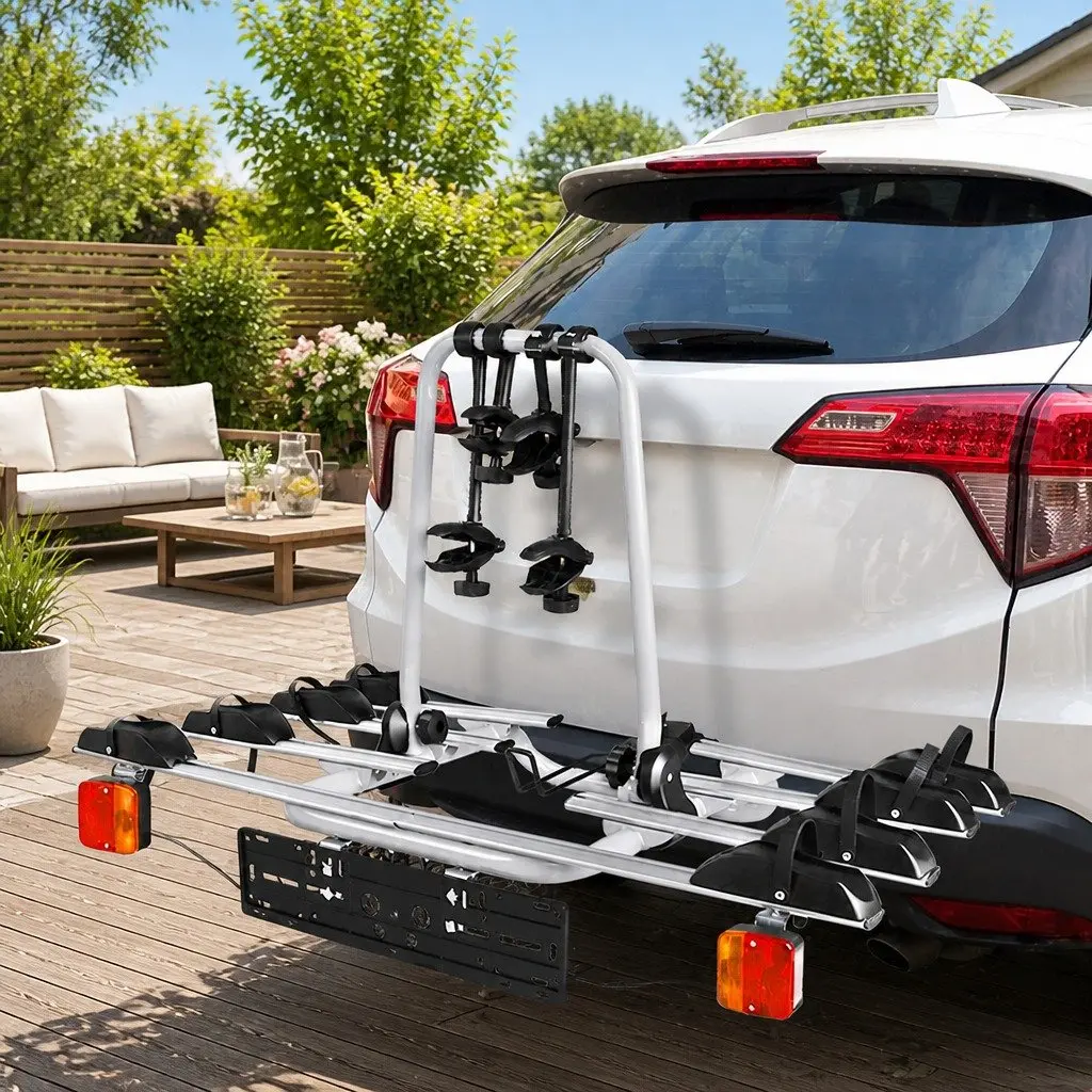 Bicycle Carrier Rack Towbar Hitch Mount 4 Bikes Adjustable Wheel Stoppers Black Silver