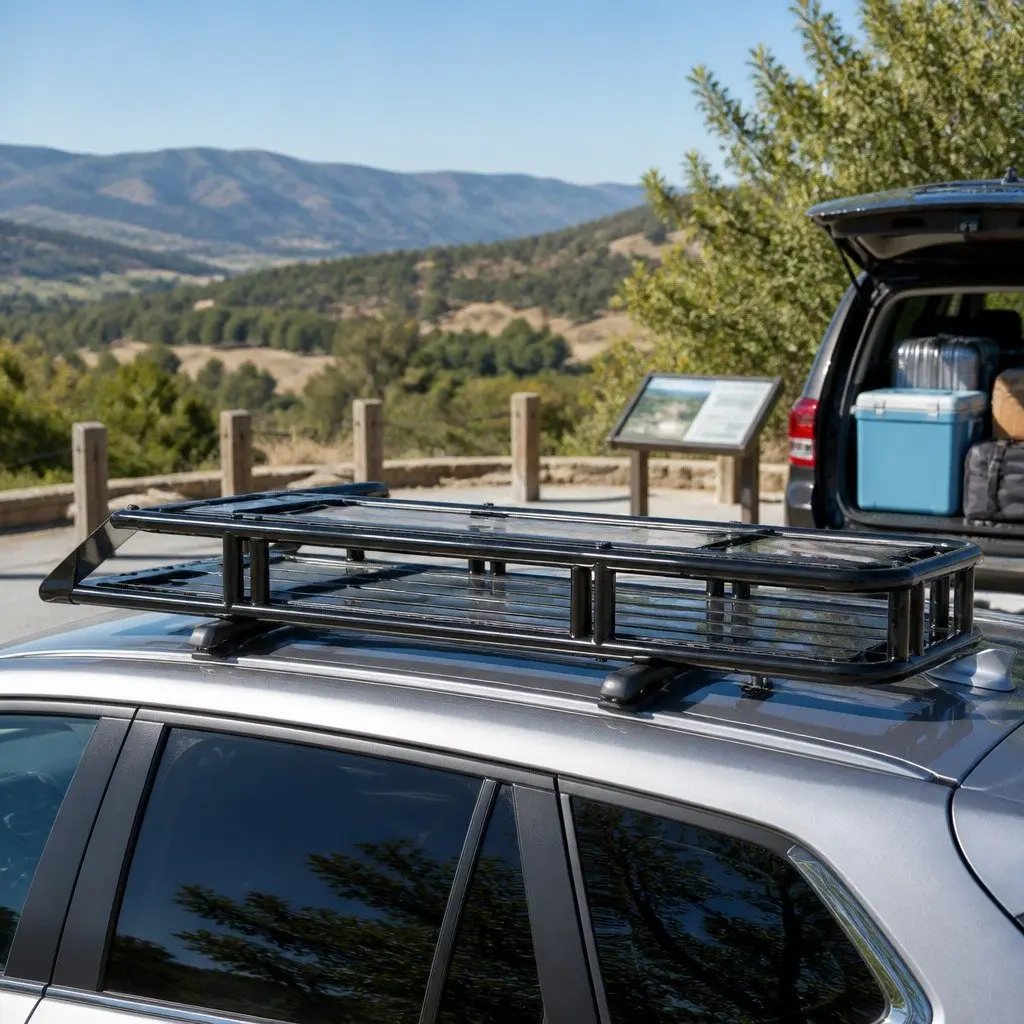 Universal Roof Rack Basket Cargo Carrier Black Steel 123cm
