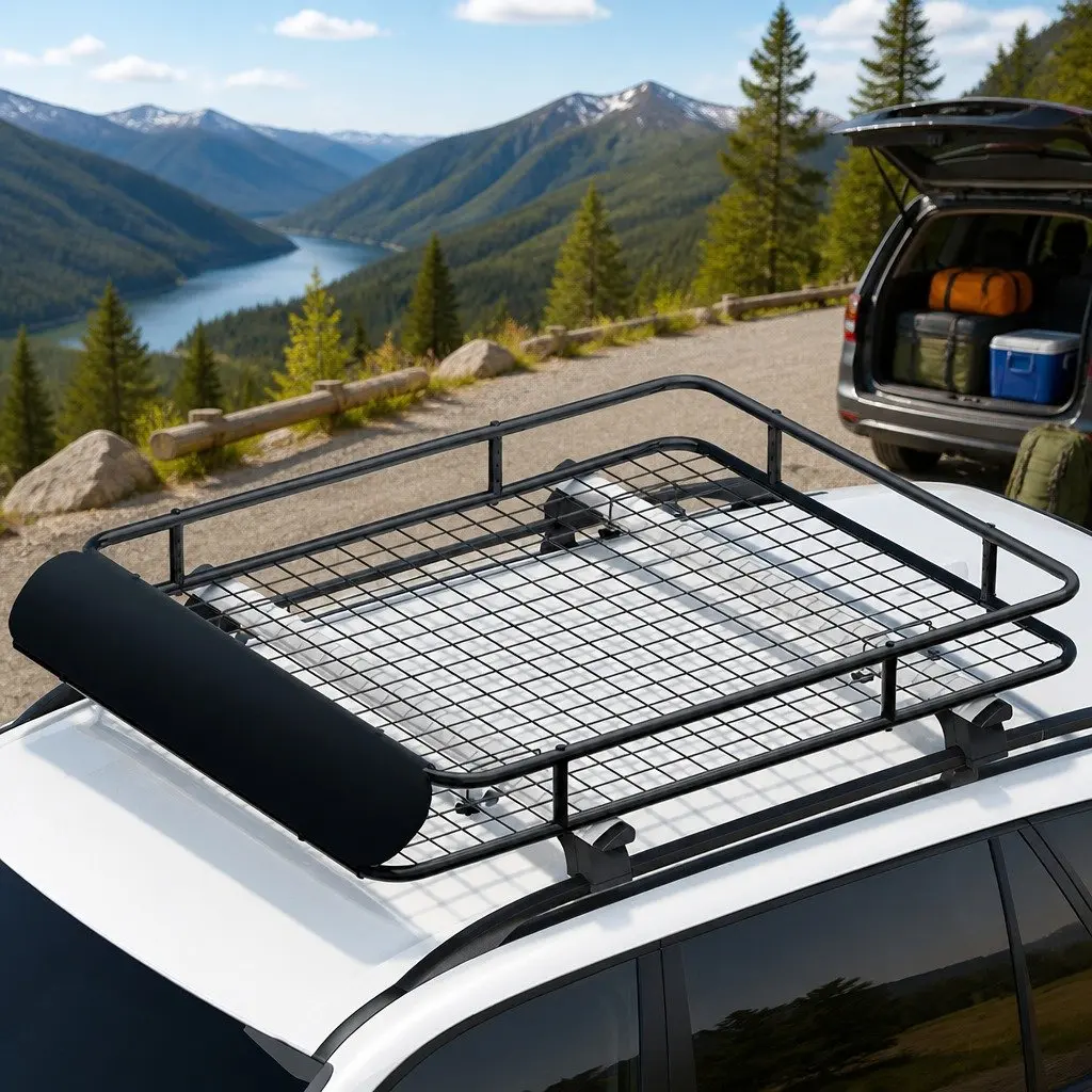 Universal Roof Rack Basket Cargo Carrier Black Steel 123cm