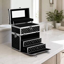 Portable Cosmetic Beauty Makeup Case with Mirror Storage Organizer Diamond Black