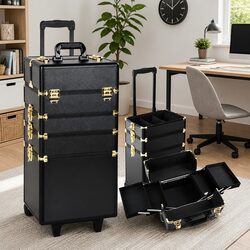 Makeup Case Beauty Trolley Cosmetic Organiser Box Travel Wheels Gold Black