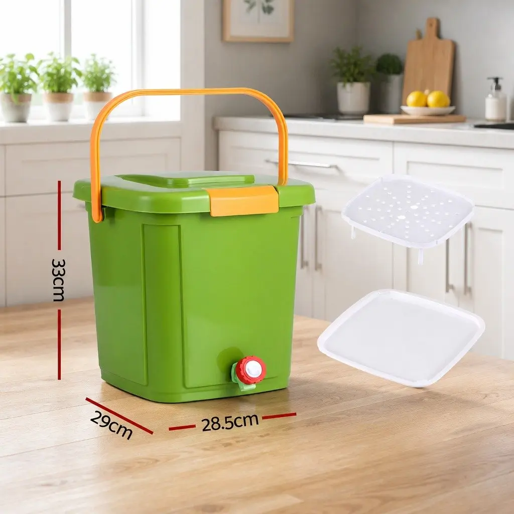 Kitchen Compost Caddy 15L Square with Drain Tap Inner Cover and Carry Handle