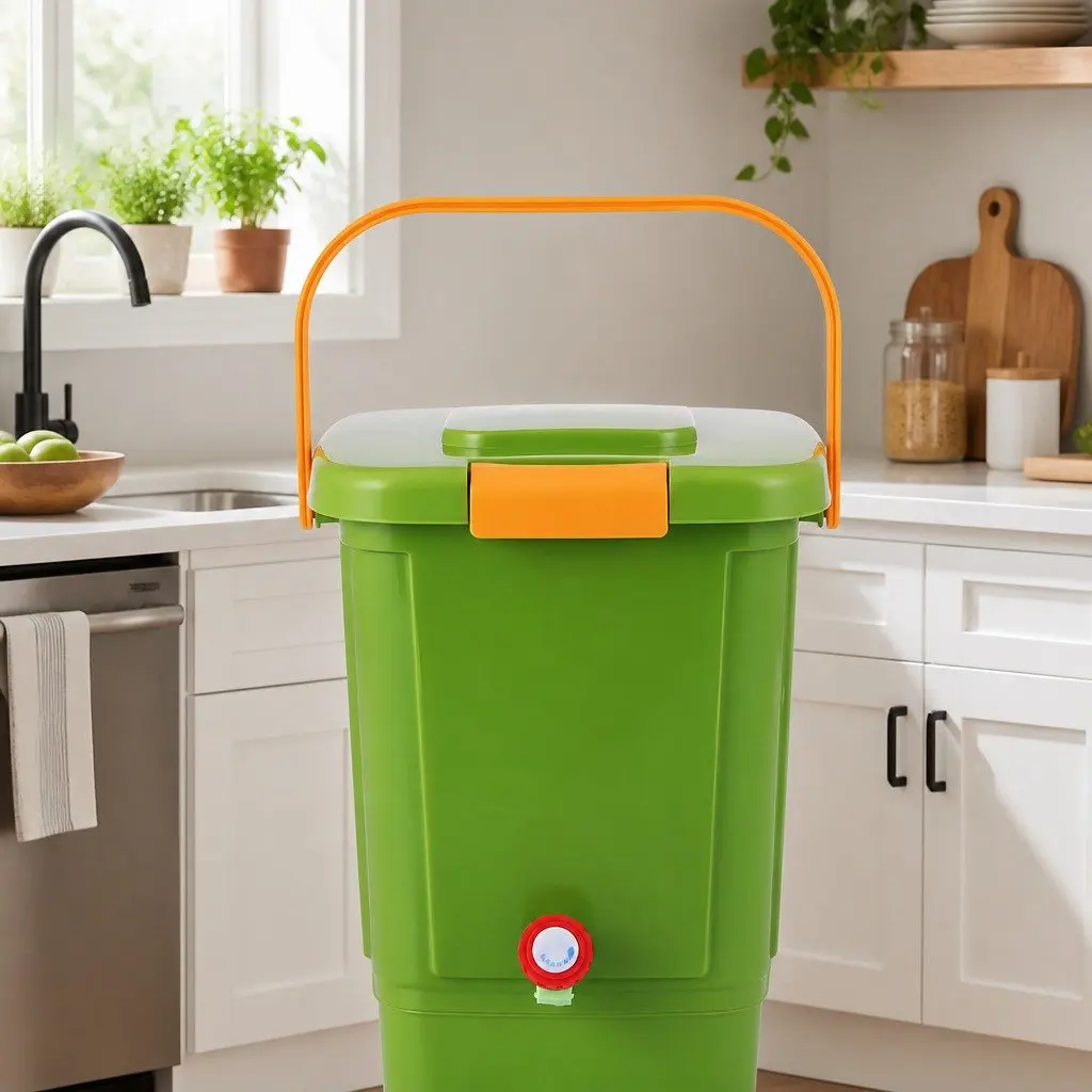 Kitchen Compost Caddy 15L Square with Drain Tap Inner Cover and Carry Handle