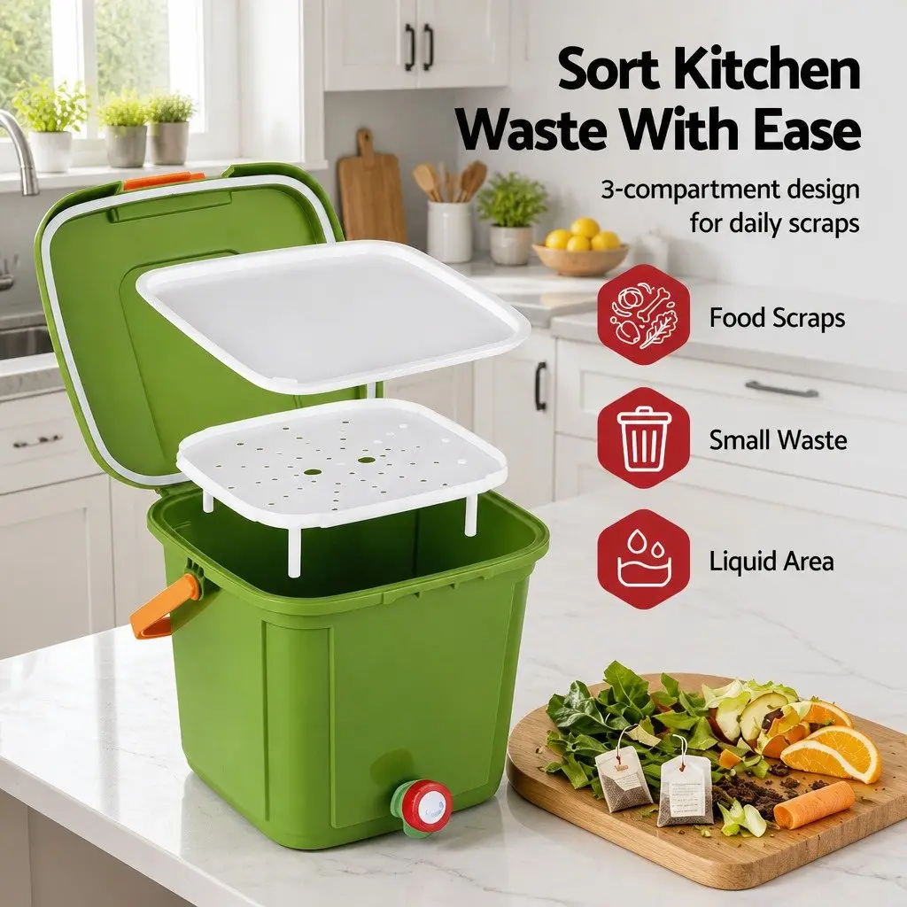 Kitchen Compost Caddy 15L Square with Drain Tap Inner Cover and Carry Handle