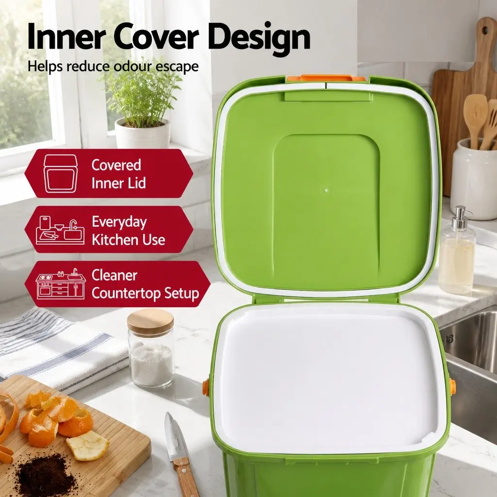 Kitchen Compost Caddy 15L Square with Drain Tap Inner Cover and Carry Handle