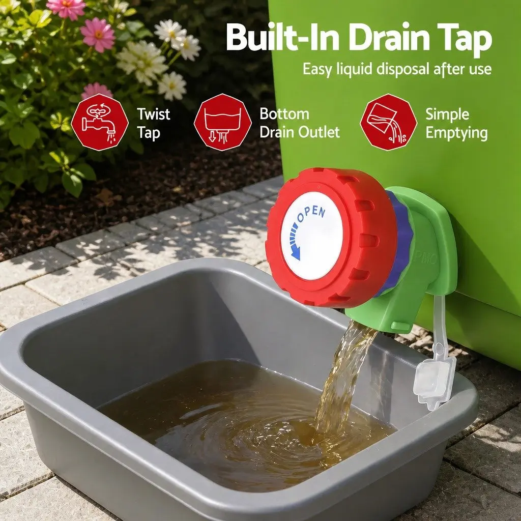 Kitchen Compost Caddy 15L Square with Drain Tap Inner Cover and Carry Handle