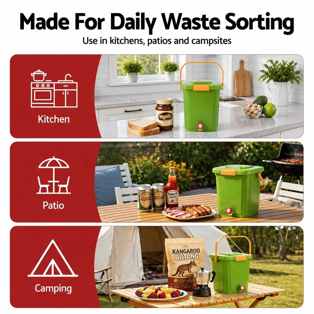 Kitchen Compost Caddy 15L Square with Drain Tap Inner Cover and Carry Handle