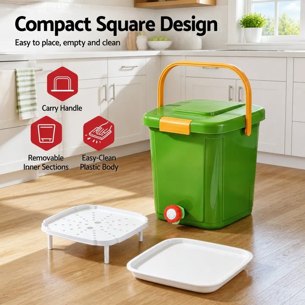 Kitchen Compost Caddy 15L Square with Drain Tap Inner Cover and Carry Handle