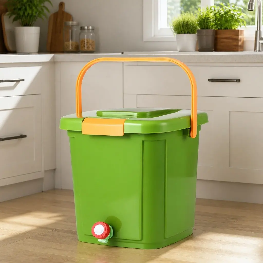Kitchen Compost Caddy 15L Square with Drain Tap Inner Cover and Carry Handle