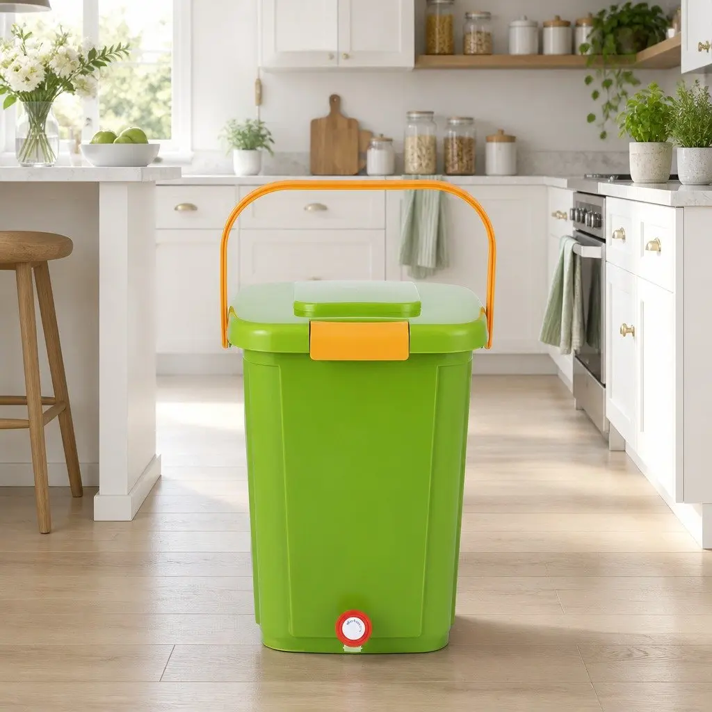 Kitchen Compost Bin 20L Food Waste Caddy Square Drain Tap Removable Sorting Tray