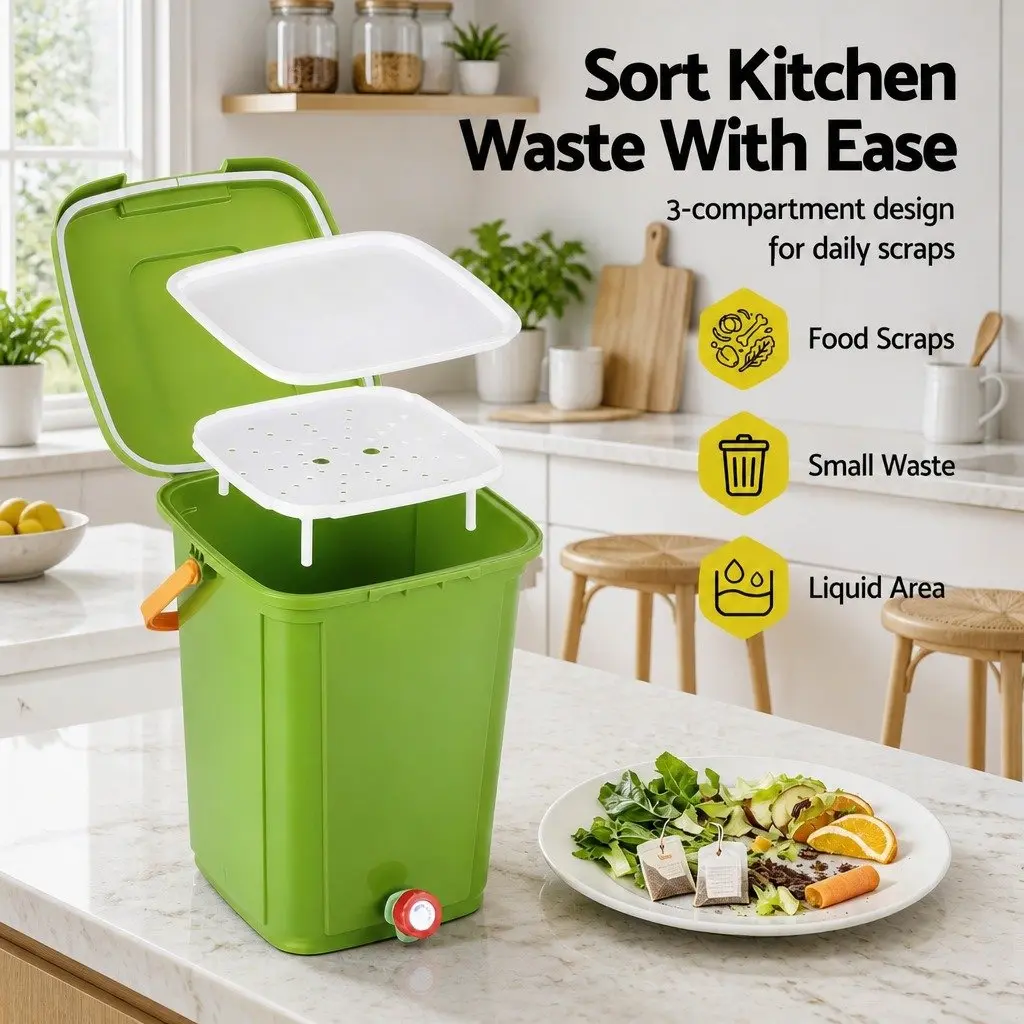 Kitchen Compost Bin 20L Food Waste Caddy Square Drain Tap Removable Sorting Tray