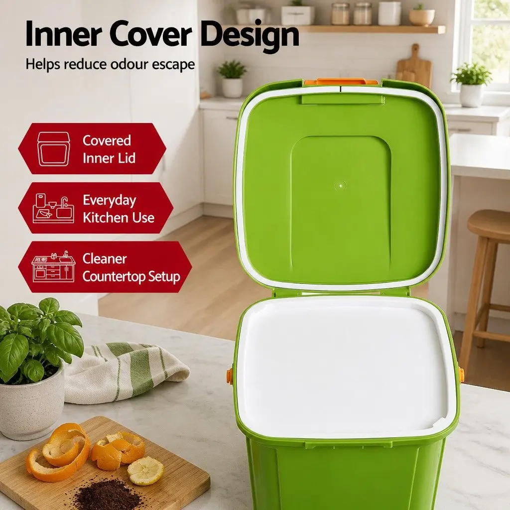 Kitchen Compost Bin 20L Food Waste Caddy Square Drain Tap Removable Sorting Tray