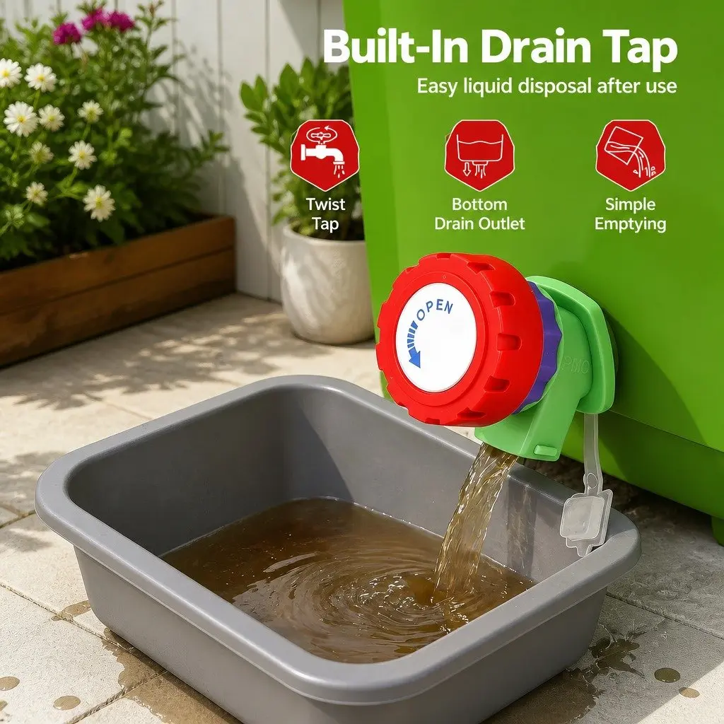 Kitchen Compost Bin 20L Food Waste Caddy Square Drain Tap Removable Sorting Tray