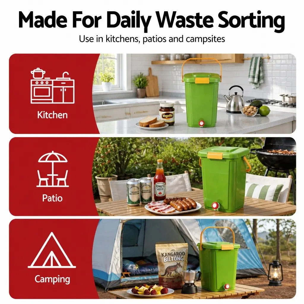 Kitchen Compost Bin 20L Food Waste Caddy Square Drain Tap Removable Sorting Tray