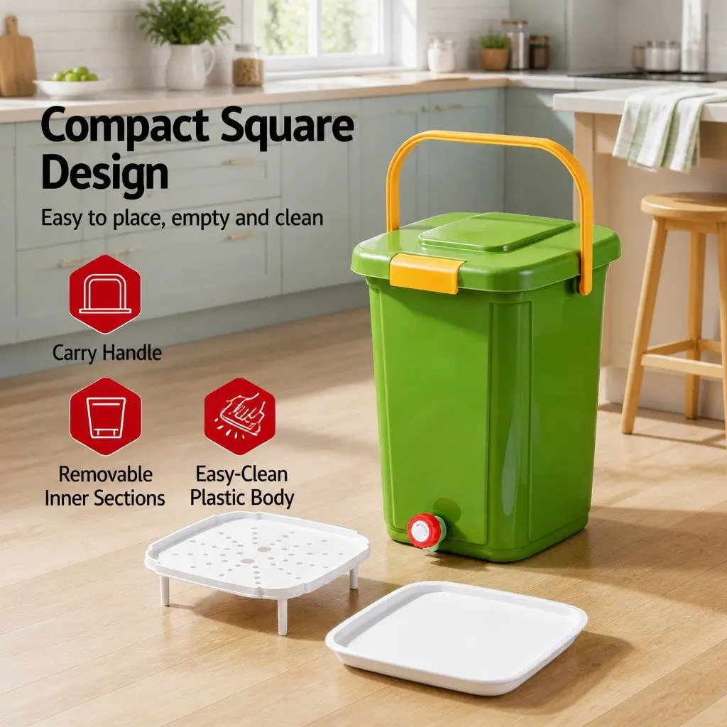 Kitchen Compost Bin 20L Food Waste Caddy Square Drain Tap Removable Sorting Tray