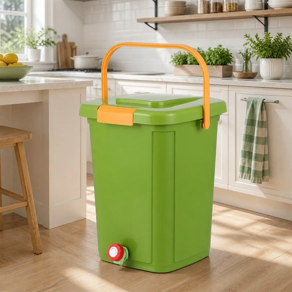 Kitchen Compost Bin 20L Food Waste Caddy Square Drain Tap Removable Sorting Tray