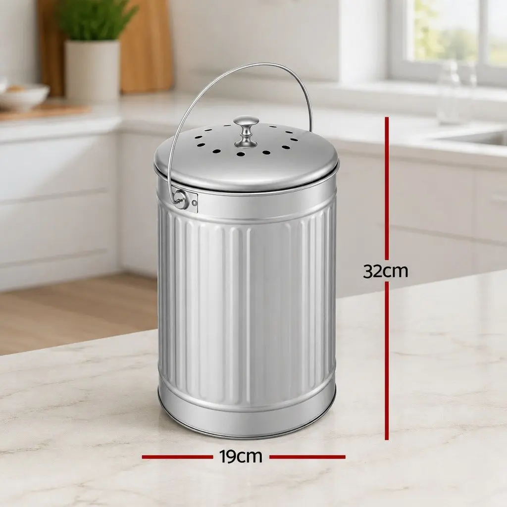 Countertop Compost Bin Ventilated Lid 6L Stainless Steel Silver
