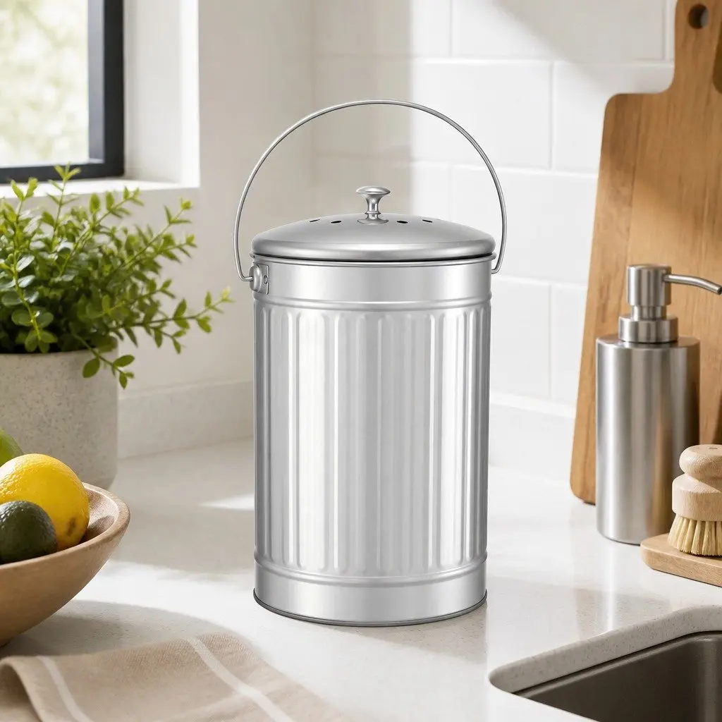 Countertop Compost Bin Ventilated Lid 6L Stainless Steel Silver