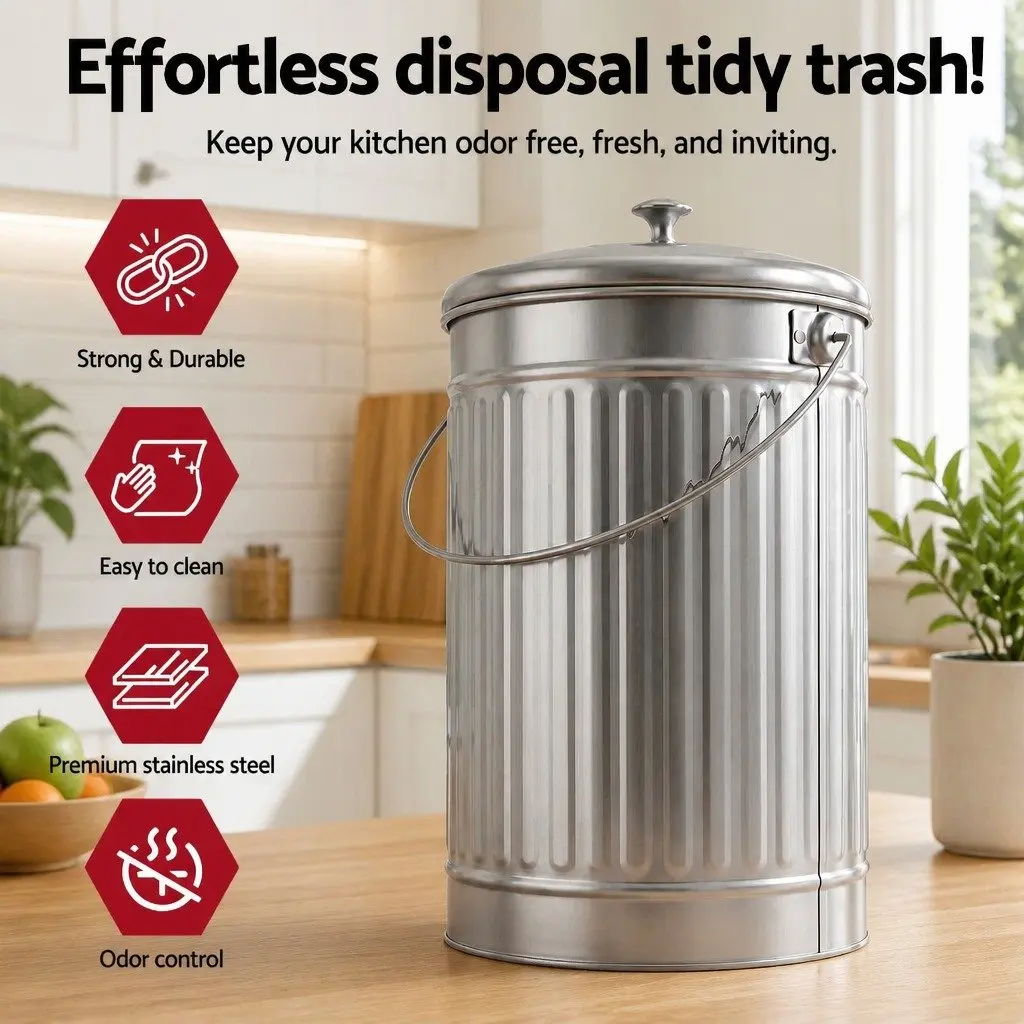 Countertop Compost Bin Ventilated Lid 6L Stainless Steel Silver