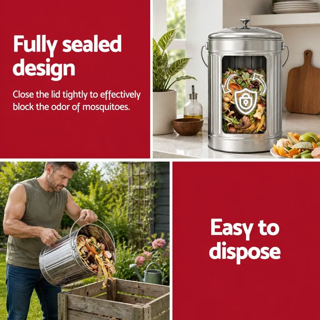 Countertop Compost Bin Ventilated Lid 6L Stainless Steel Silver