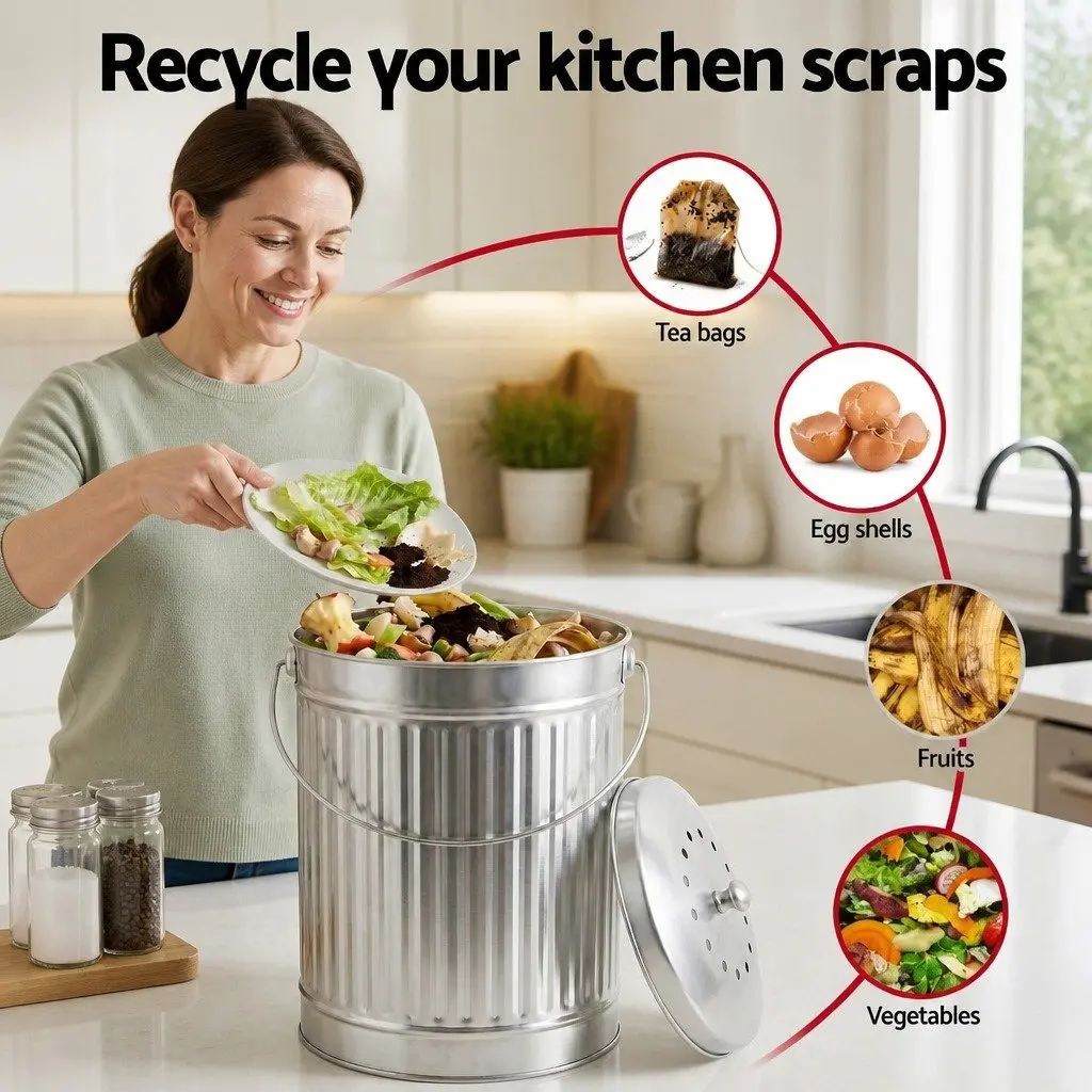 Countertop Compost Bin Ventilated Lid 6L Stainless Steel Silver