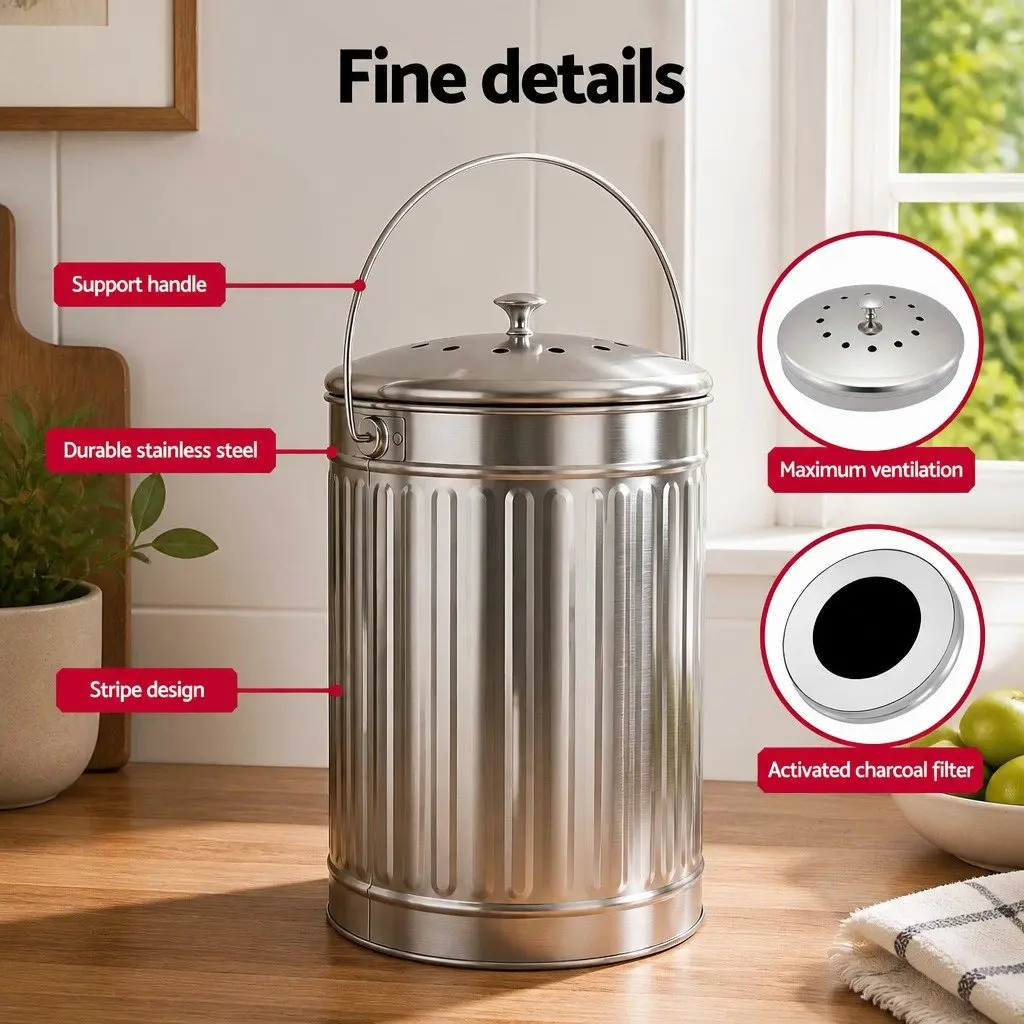 Countertop Compost Bin Ventilated Lid 6L Stainless Steel Silver