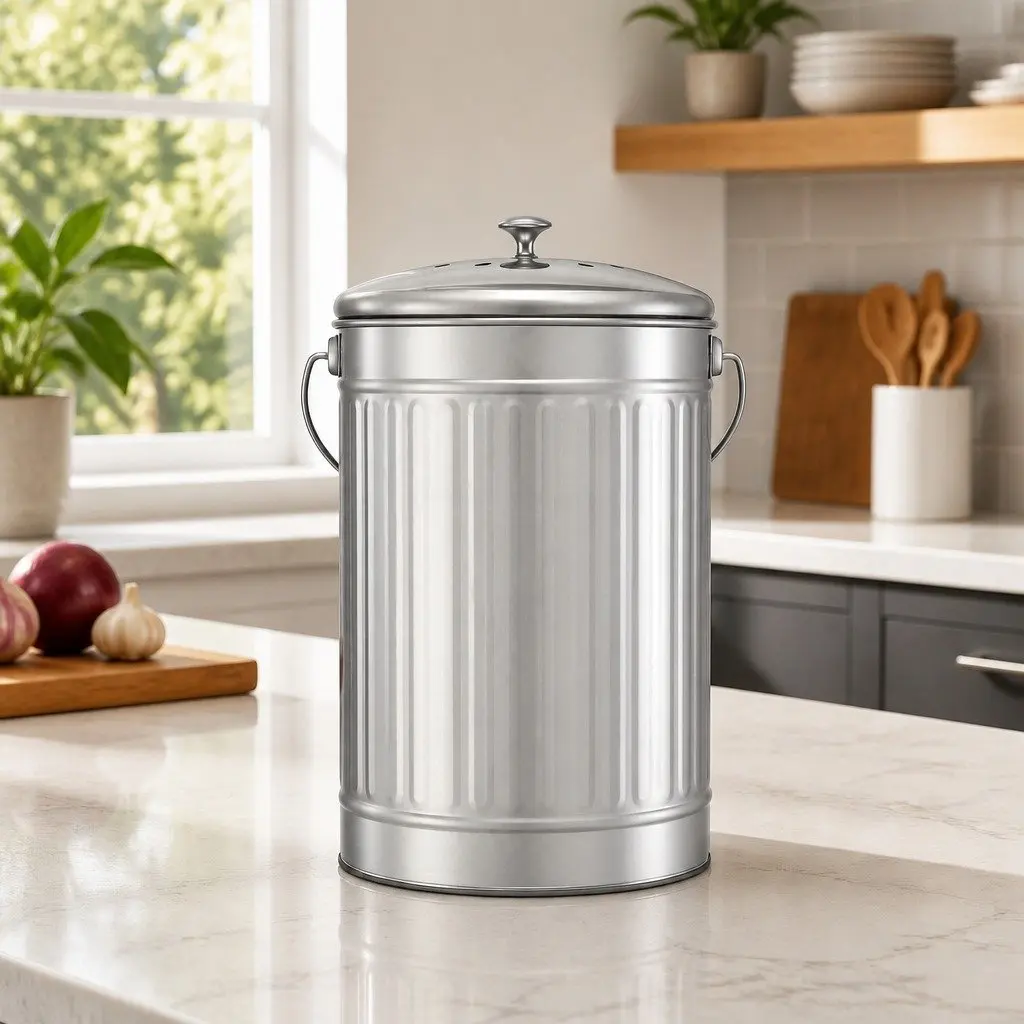 Countertop Compost Bin Ventilated Lid 6L Stainless Steel Silver
