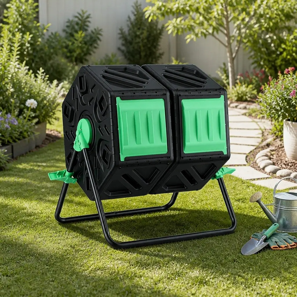 Dual-Chamber Compost Bin Rotating Tumbler 130L Garden Waste Composter